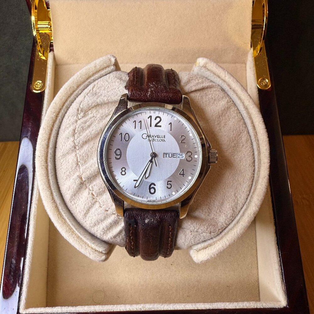 Caravelle by Bulova Silver + Brown Leather Day Date Dress Watch C869977, 38mm